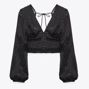 Zara Black Long Sleeve Polka Dot Cropped Blouse